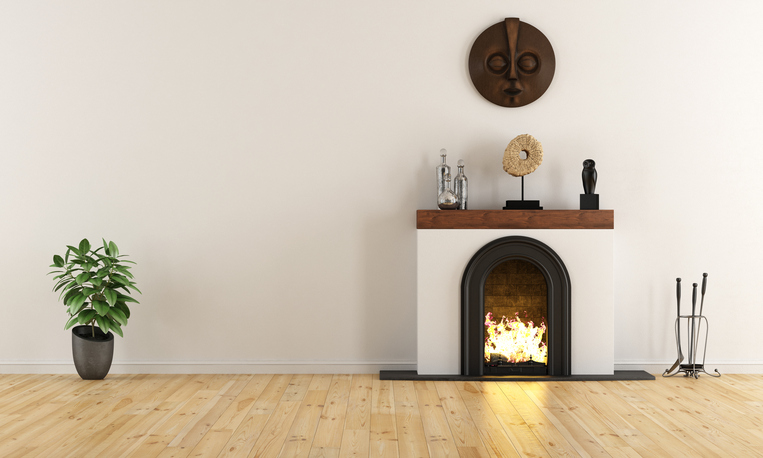 Empty room with minimalist fireplace with ethnic decor objects - 3D Rendering
