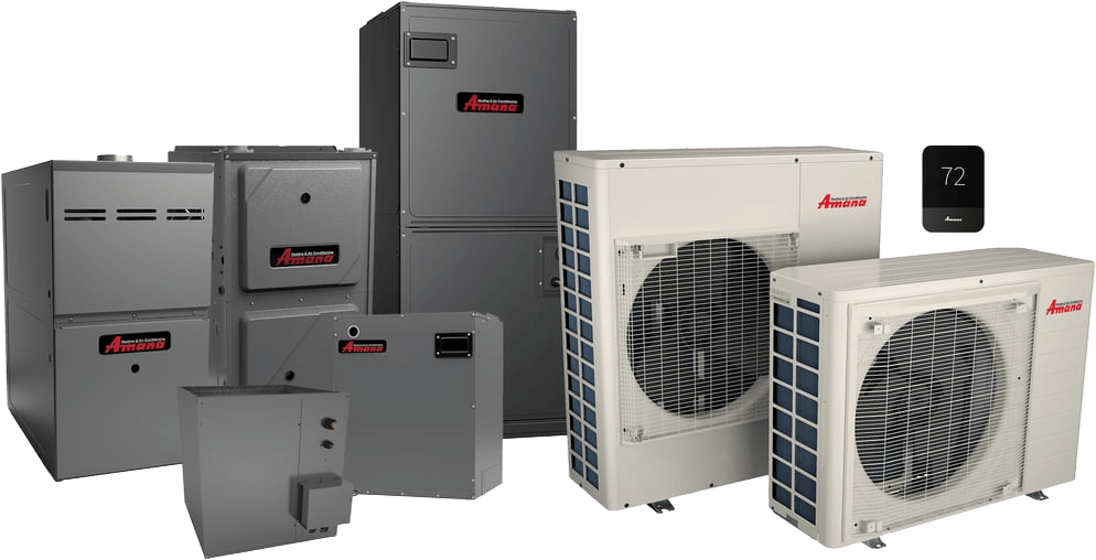 Group of Amana HVAC heating and cooling equipment including furnaces, heat pumps, and a digital thermostat.