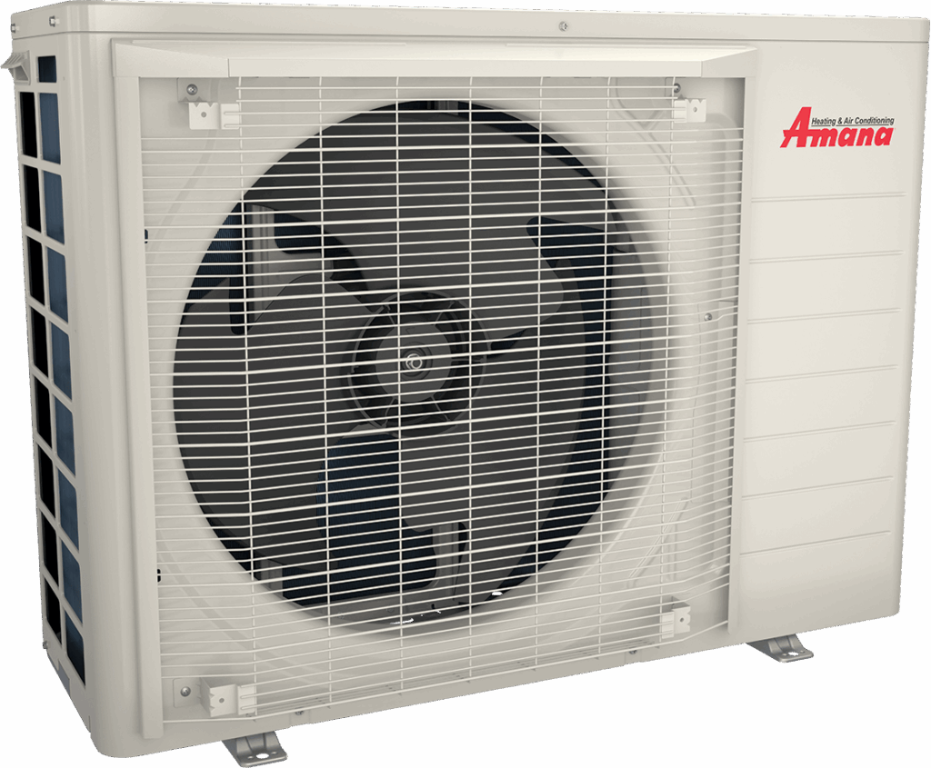 Amana outdoor heat pump unit for residential HVAC systems featuring a protective fan grille.